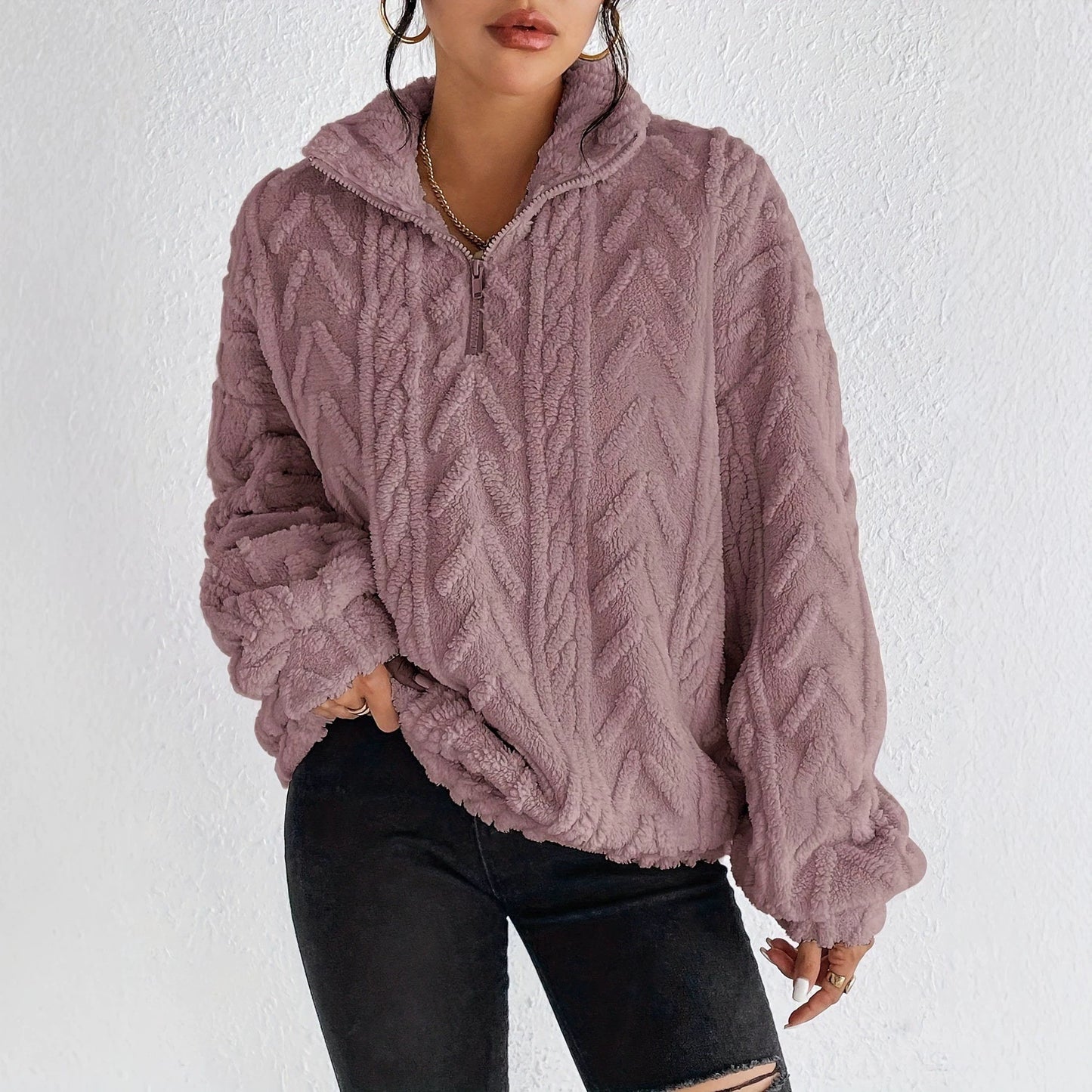 Women's Double-sided Plush Art Casual Zipper Pullover Women's Sweater, Sweater