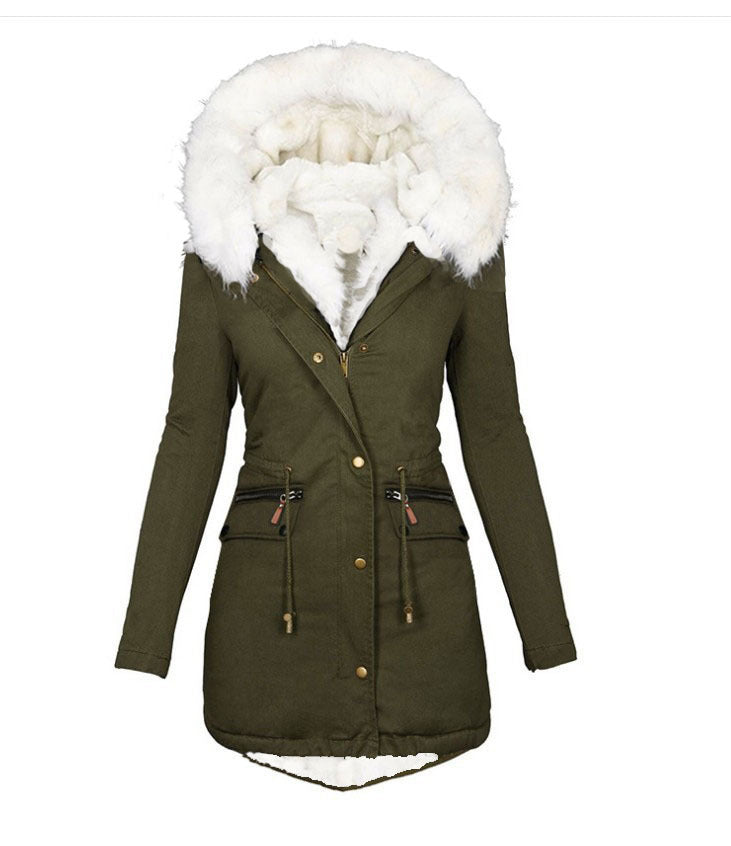 Women's Veet Cinched White Fur Collar Hooded Coats