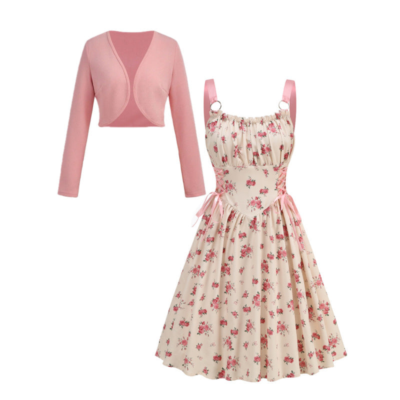 Women's Metal Ring Drawstring Elegant Printed Dress Two-piece Cardigans