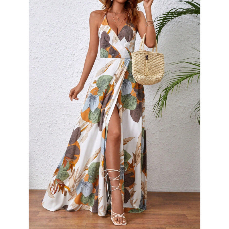 Attractive Tropical Printing Thigh Split Strap Dress