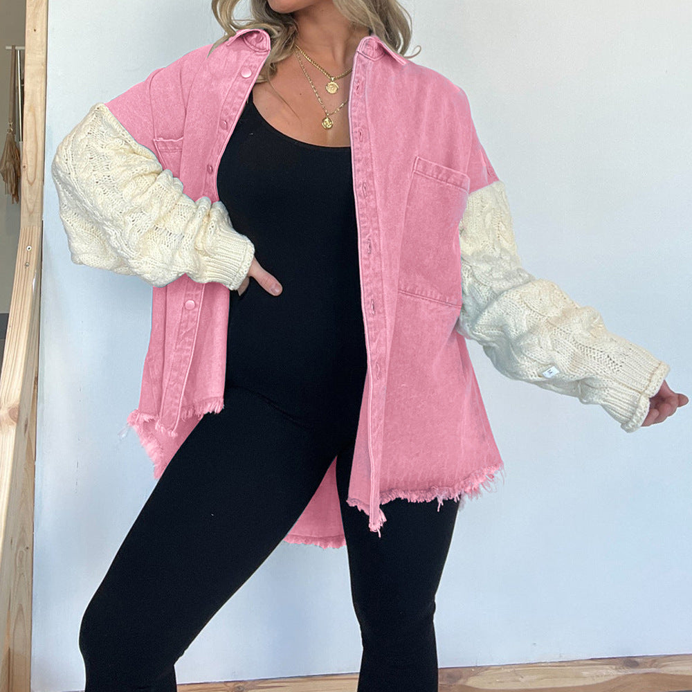 Women's Loose Stitching Sleeve Denim Woolen Jackets