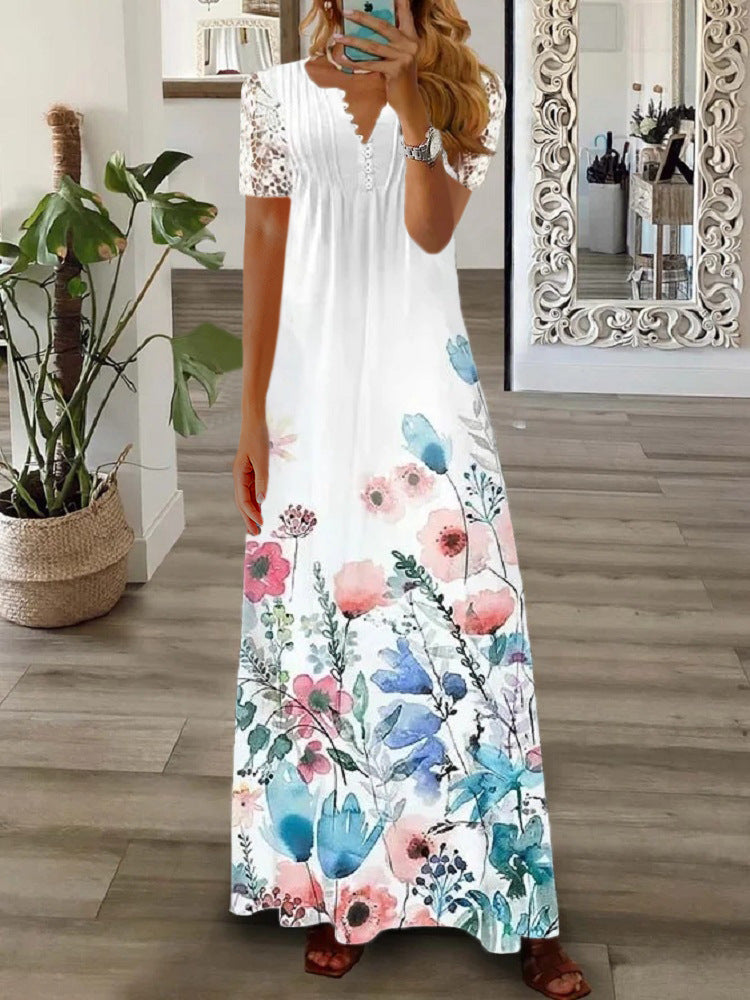 Creative Women's Fashion Short-sleeved Printed Lace Dress