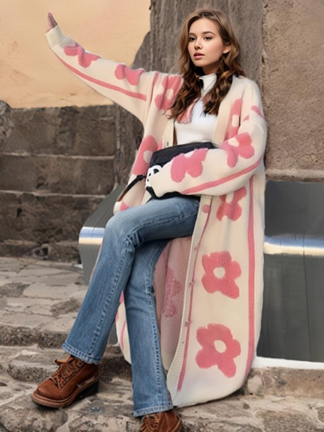 Women's Large Flower Jacquard Knitted Long Single-breasted Knitwear