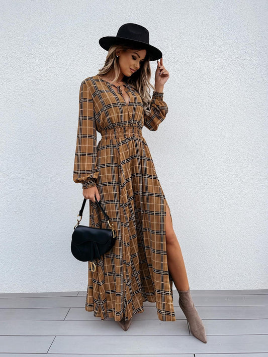Printed Checks Long Sleeve Waist Slit Dress
