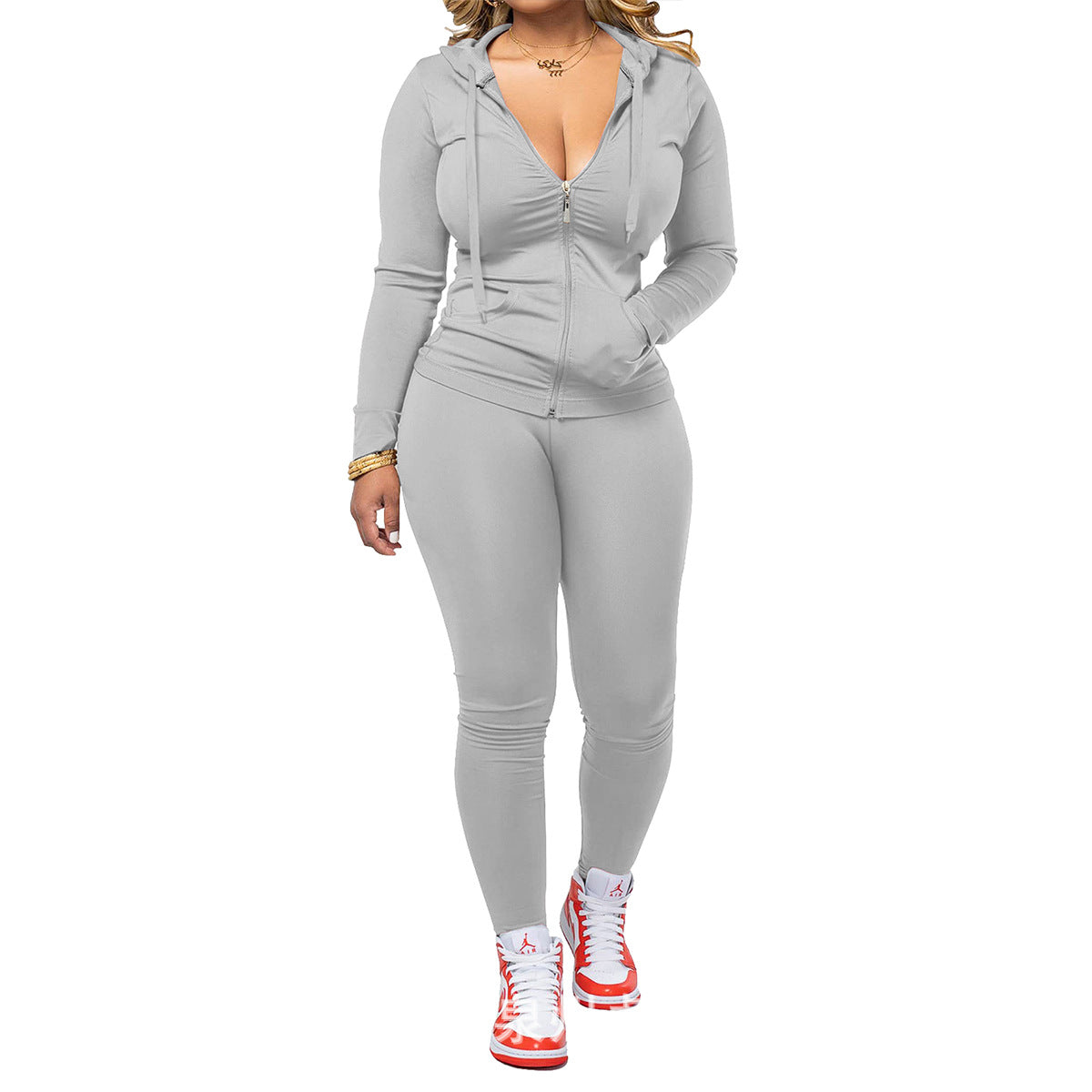 Women's Neck Zipper With Trousers Two-piece Set Fashion Casual Suit