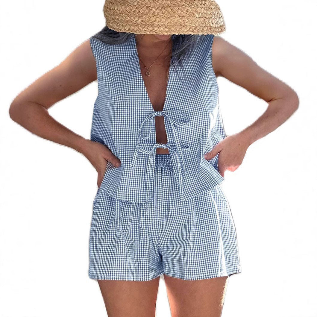 Women's Summer Vacation Style Plaid Drawstring Two-piece Fashion Casual Suit