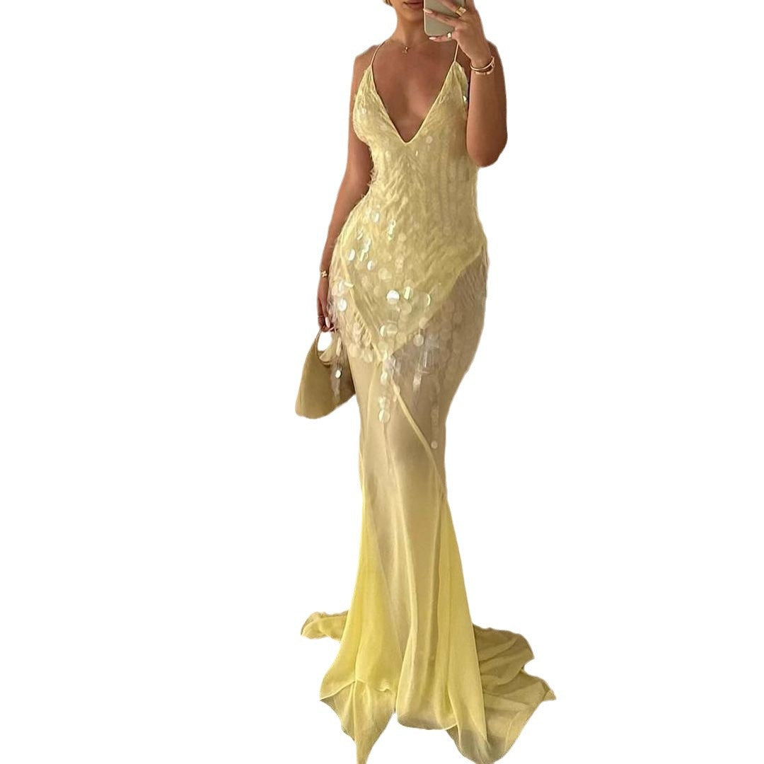 Women's Collar Sexy Sling Backless Slim Fit Sequin Dresses