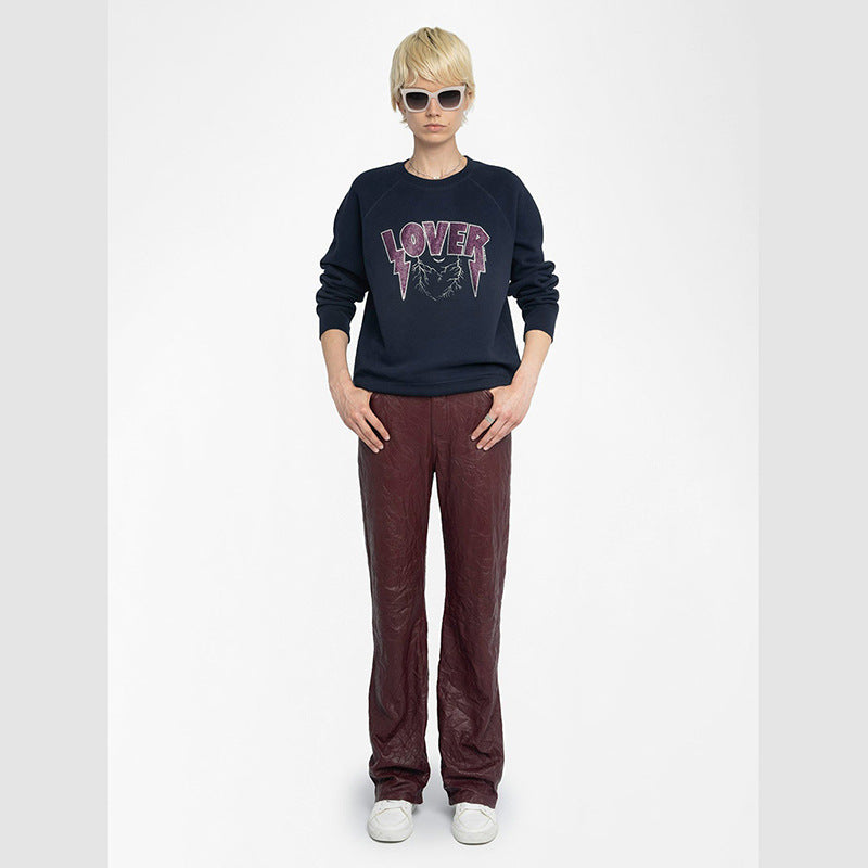 Women's Print English Hot Rhinestone Raglan Sleeve Sweaters