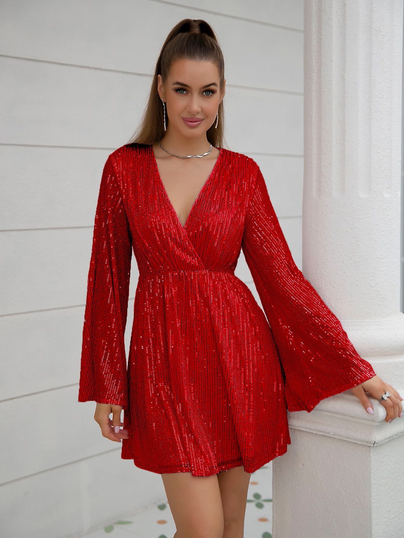 Women's Sequins Dress Deep V Wide Hem Dresses