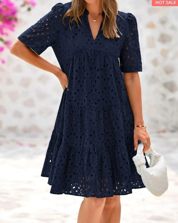 Women's Short-sleeved Beach Vacation Dress French Style Hollow Lace Dresses