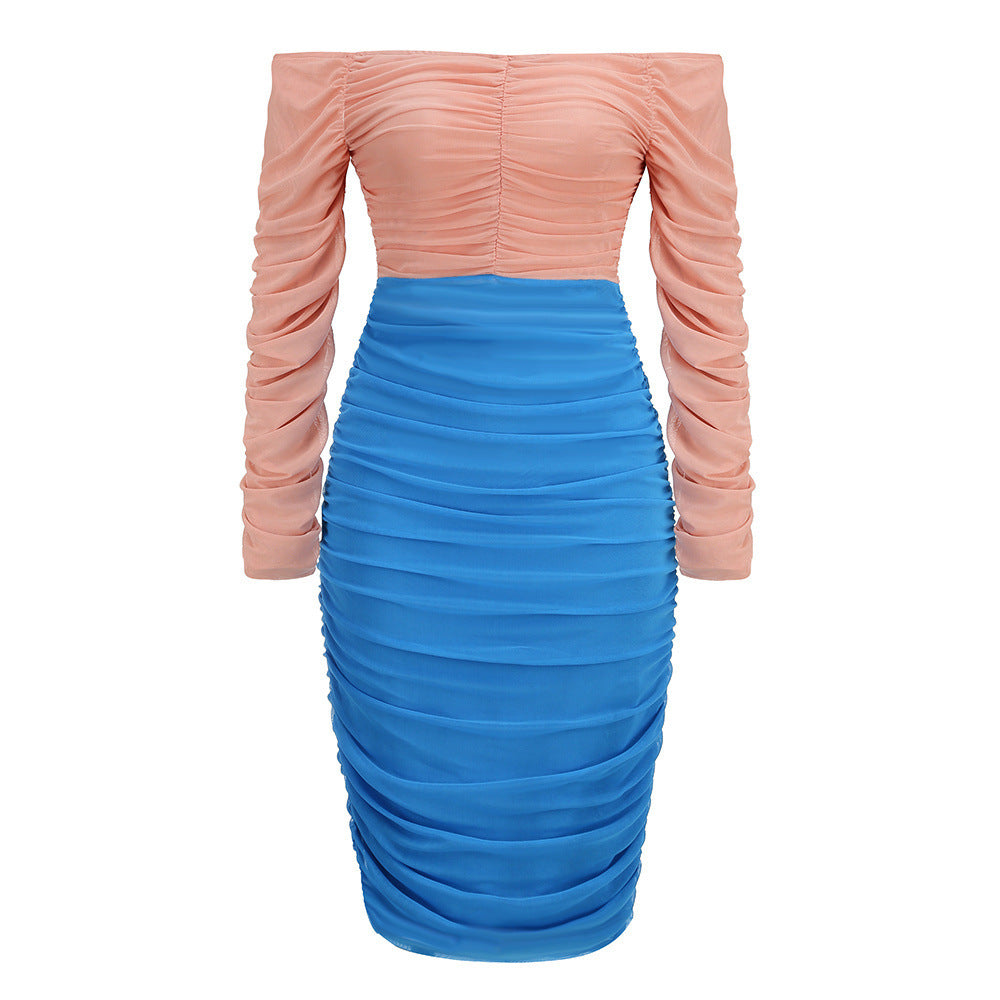 Contrast Color Pleated Dress Commuter Slim Fit Dresses