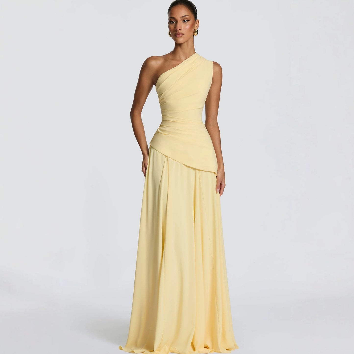 Women's Elegant Diagonal Collar Sleeveless Pleat Waisted Chiffon Stitching Big Swing Dress