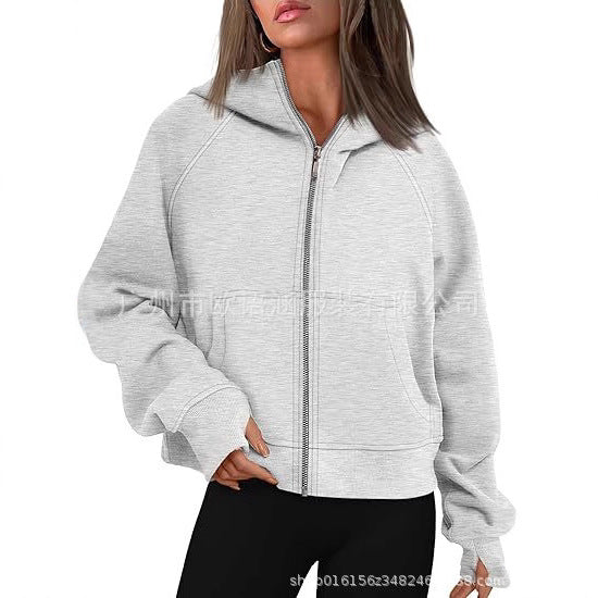 Women's Loose Zip Long Hooded Thumb Hole Brushed Women's Sweater, Sweater