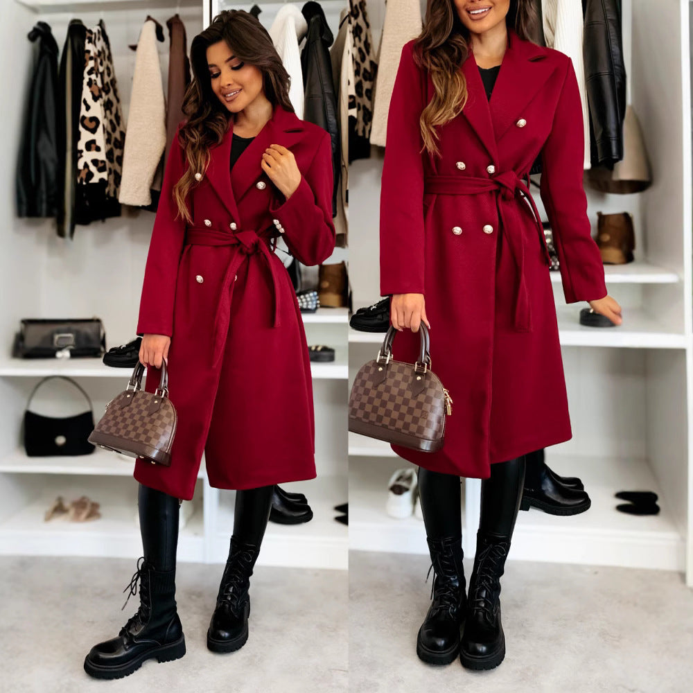 Women's Fashion Simple Solid Color Double-breasted Woolen Coats