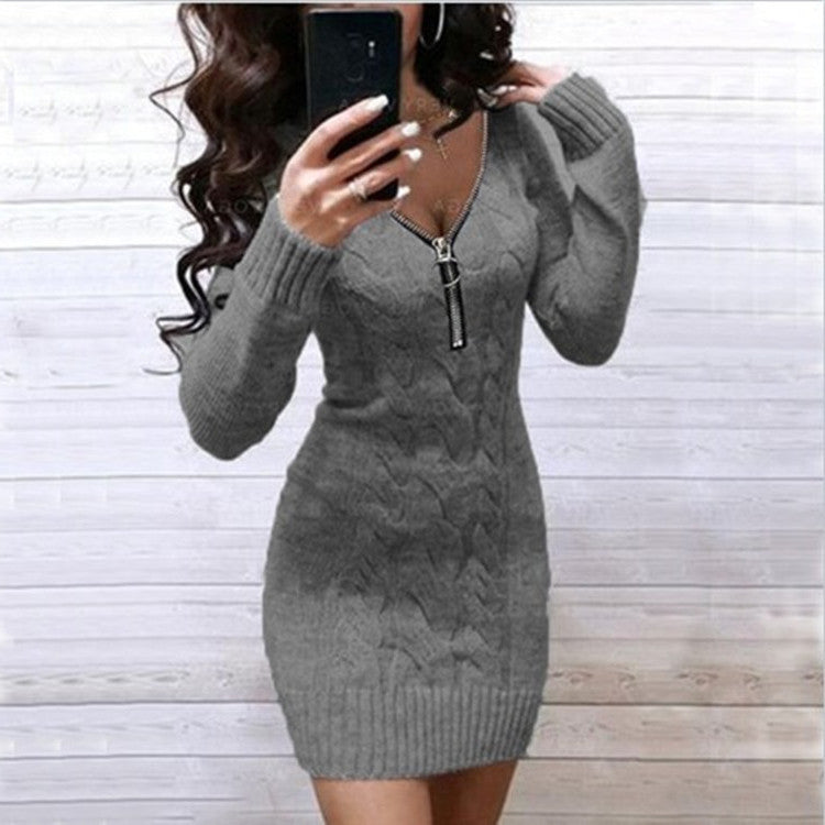 Women's Zipper Long Sleeve Undershirt Mid-length Dress Sweater