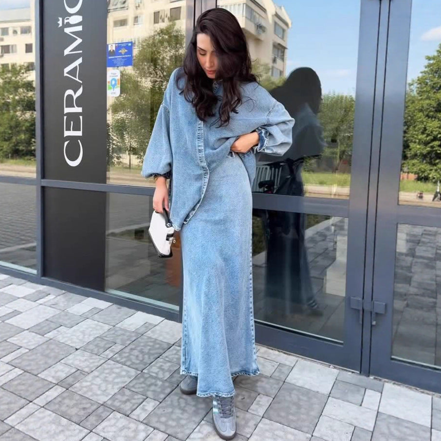 Women's Graceful Fashionable Shirt Strap Baggy Denim Coats