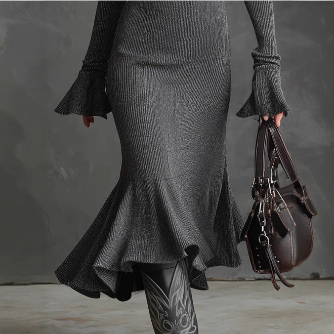 Women's Sexy Zipper Lapel Design Flared Sleeve Fishtail Dresses