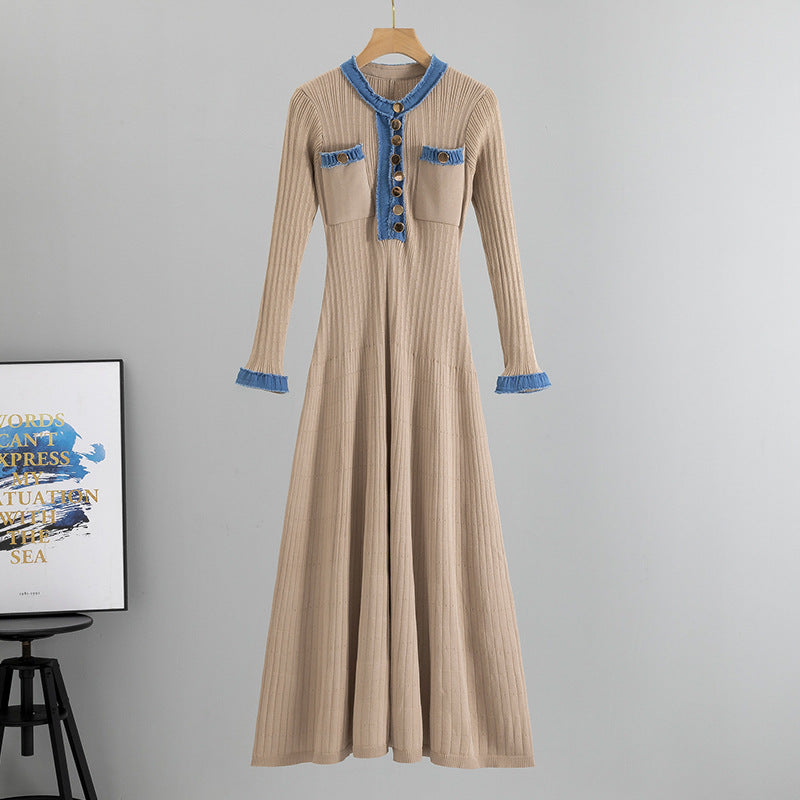 Women's Elegant Denim Stitching Contrast Color Long Dresses