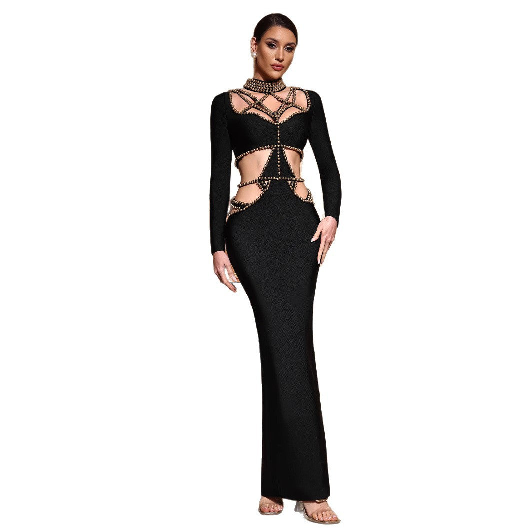 Women's Beaded Long Sleeve Black Bandage One-piece Dresses