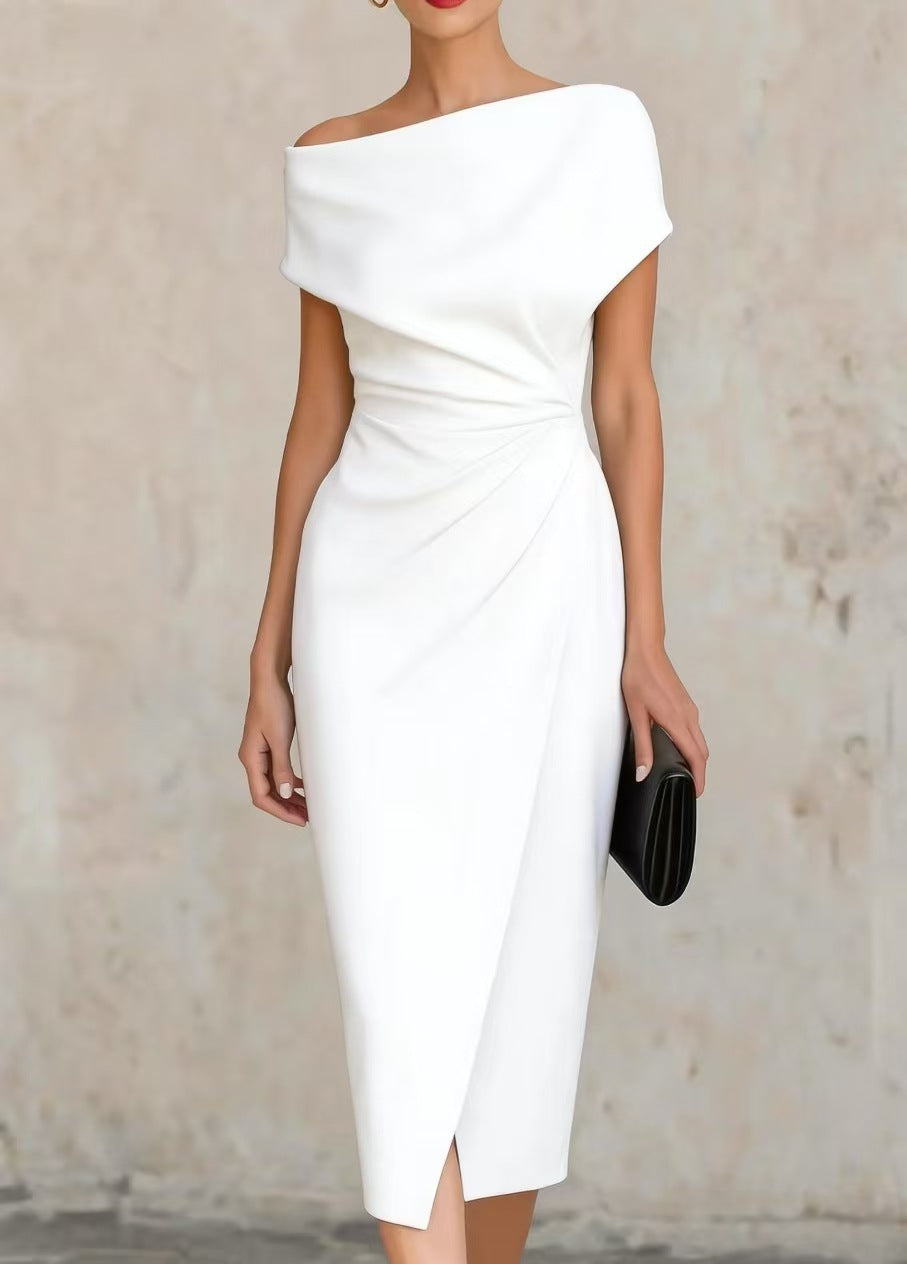 Women's Fitted Waist Pleated Banquet Commuter Split Dress