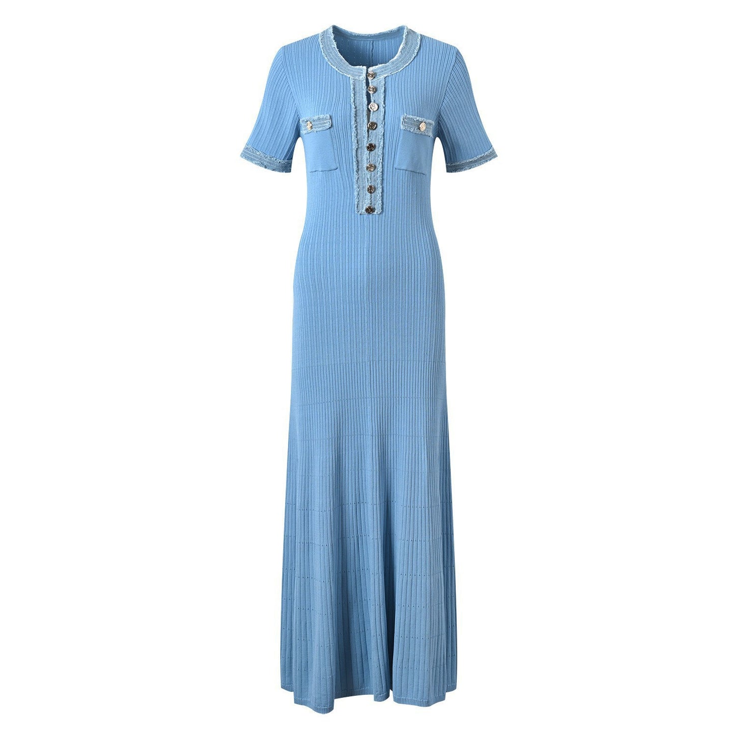 Denim Long-sleeved Knitted Simple Round Neck Slimming Dress