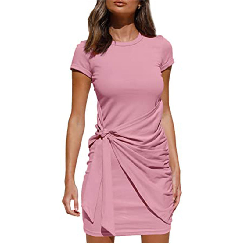 Sleeve Round Neck Pleated Bow Belt Dress