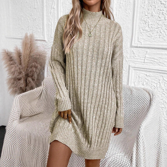 Women's Solid Color Turtleneck Long Sleeve Loose Knitted Dress Sweater