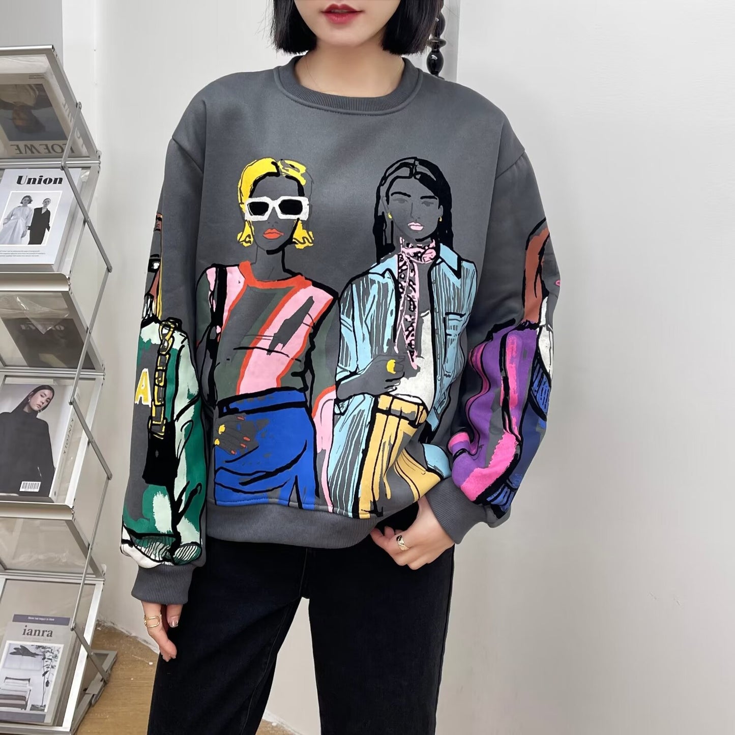 Women's Fleece-lined Hooded Round Neck Loose Printed Tops