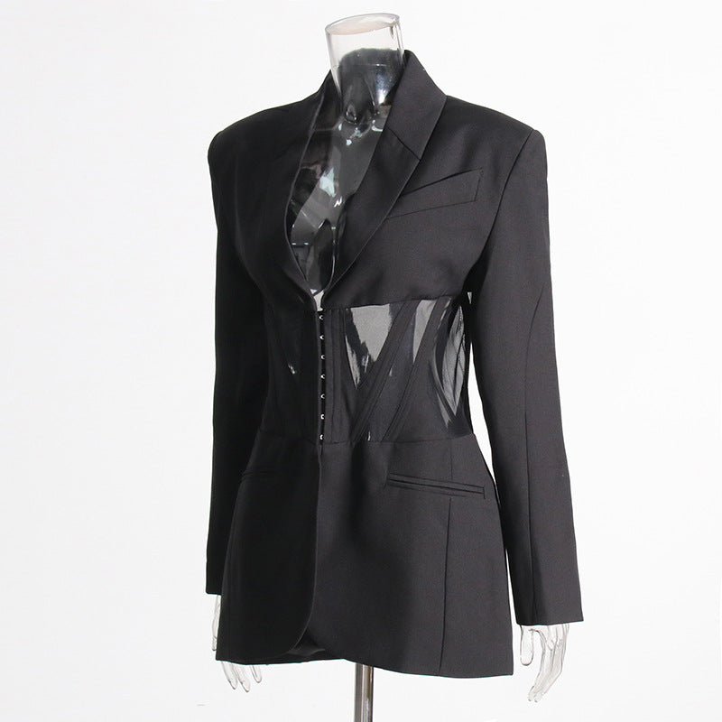 Women's Fishbone Waist Mesh Stitching Design Black Blazers