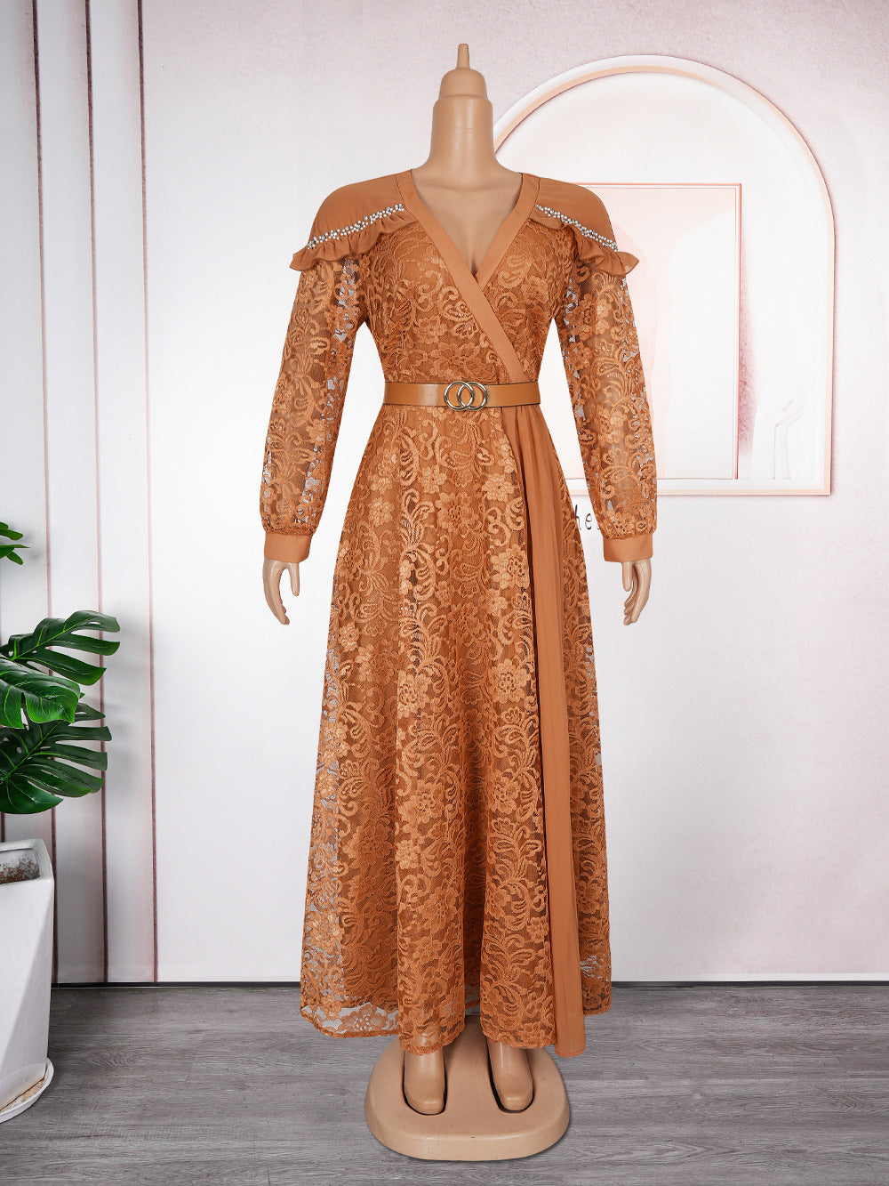 Women's Lightly Mature Cinched Patchwork Lace Dress Dresses