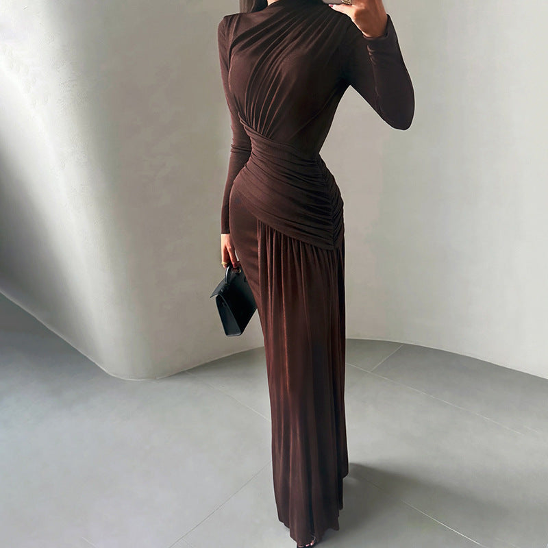 Women's Color Round Neck Asymmetric Fold Slim Fit Dress