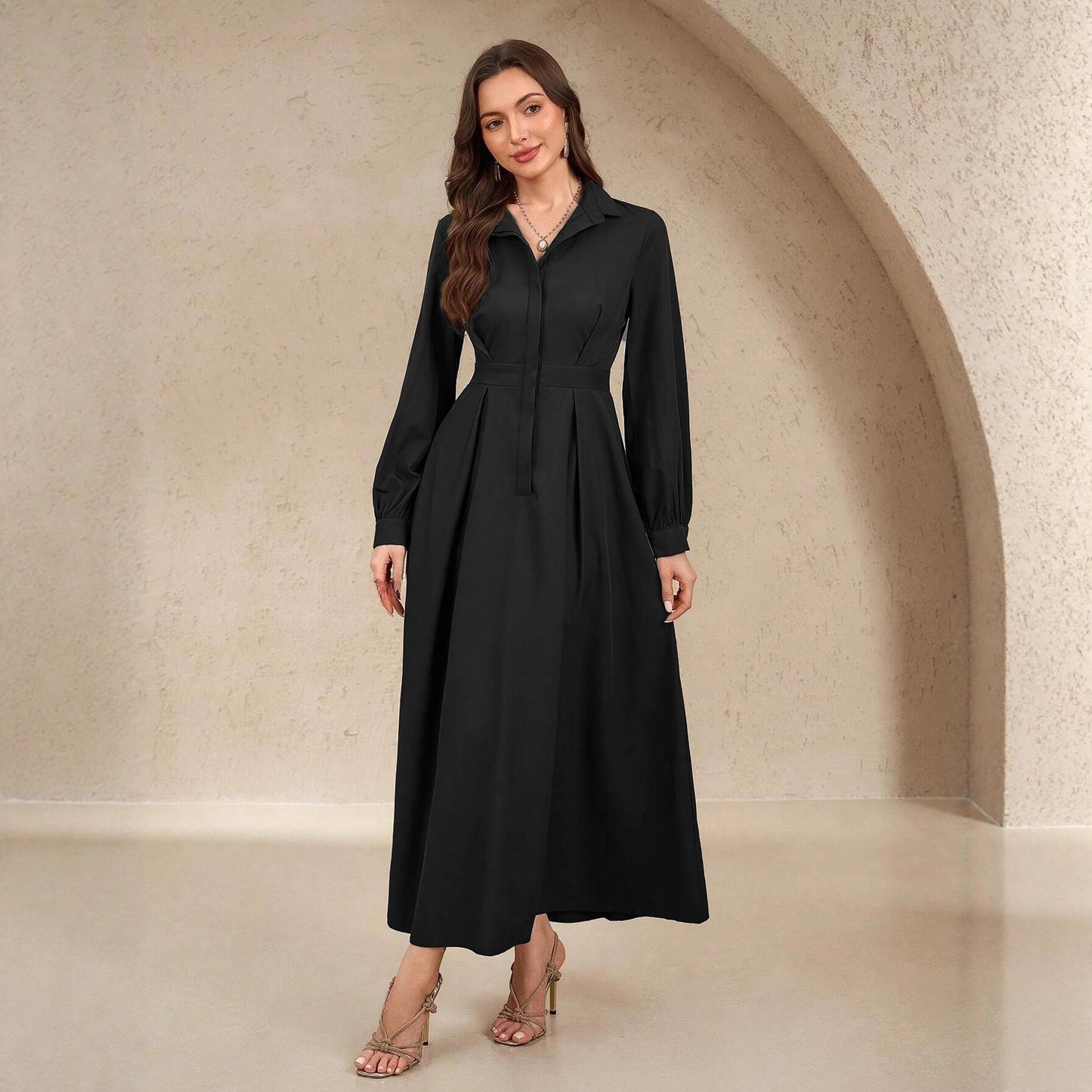 Women's Pocket Elegant Shirt Collar Slimming Solid Color A- Line For Dress