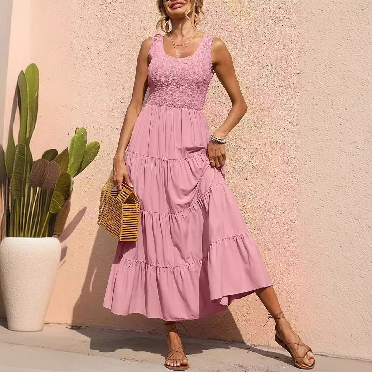 Women's Spring Suspender Pleating Stitching A- Line Large Dresses