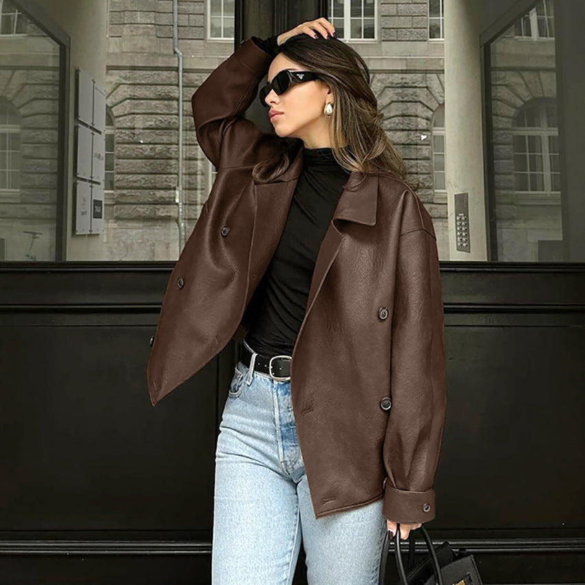 Women's Retro Brown Leather High-grade Loose Collar Jackets