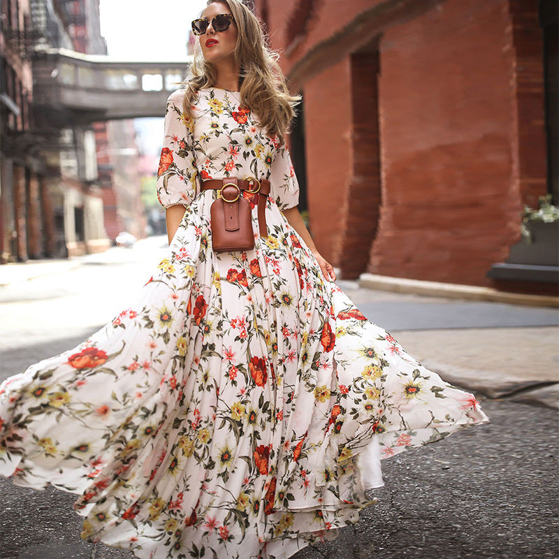 Women's Printed Bohemian Round Neck Sleeve Large Dress