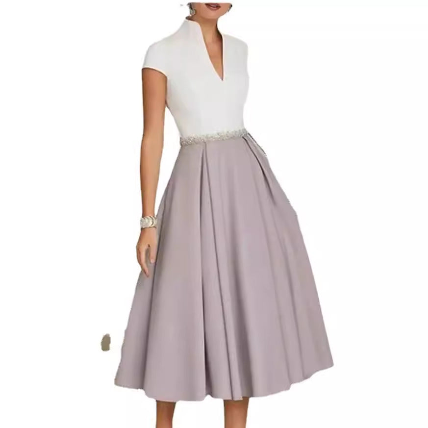 Women's A- Line Fashion White V Neck Large Dress