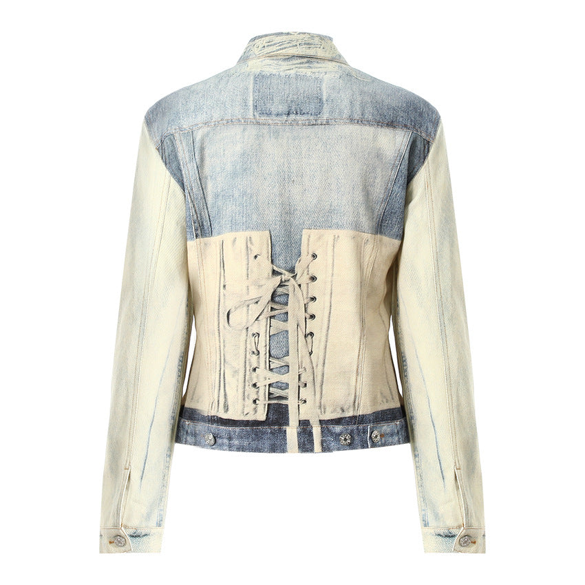 Women's Fashionable Minority Ripped Vision Patterned Denim Waist Jackets