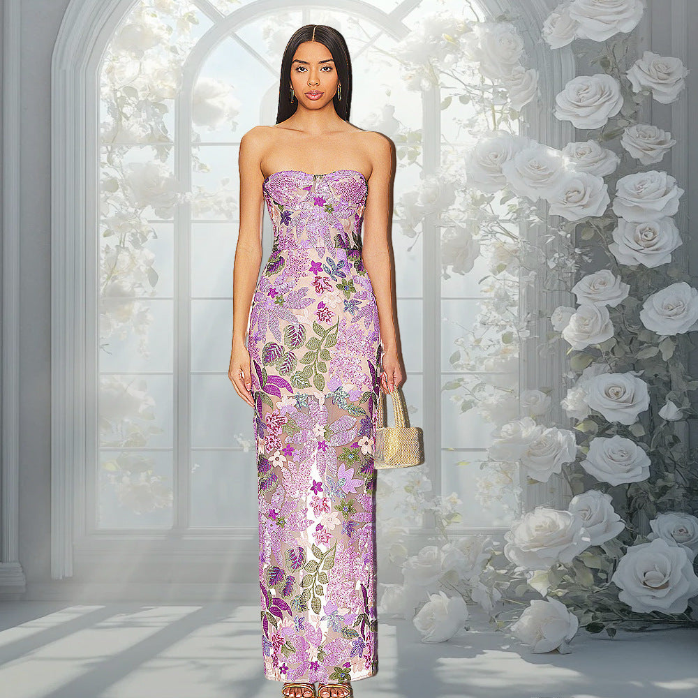 Embroidered Sequins Tube One-step Dress Sexy Dresses