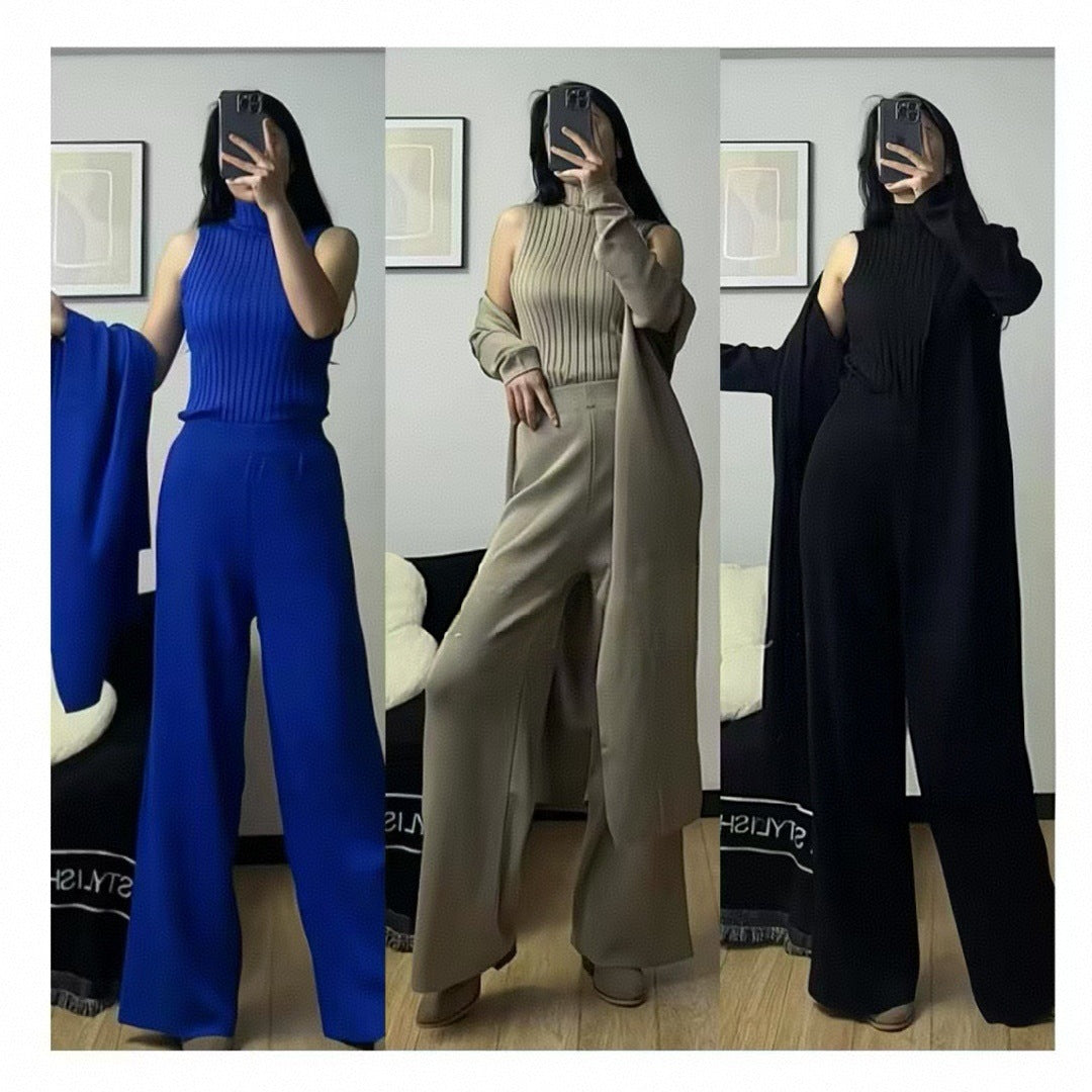 Women's Western Style Solid Color Inverness Collar Bottoming Wide Leg Trousers Sweaters
