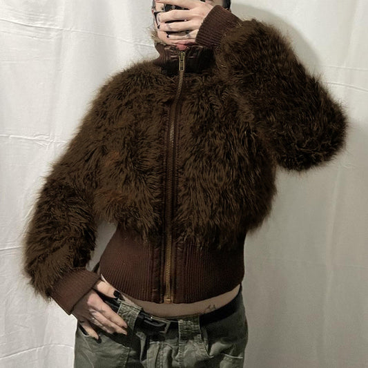 American Retro Brown Fur Lapel Zipper Jackets
