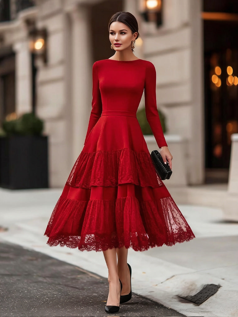 Women's French Style Elegant Hepburn Long Sleeve Mesh Stitching High-grade Dress