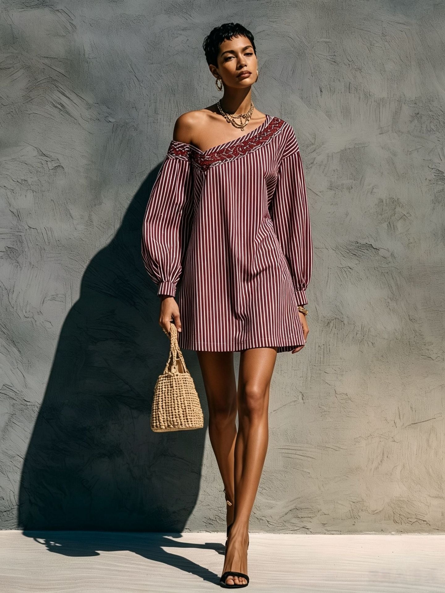 Women's Striped Long Sleeve Embroidered Minimalist Mini Dress