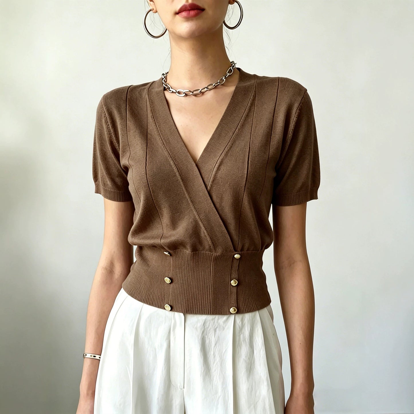 Women's Collar Tight Waist Fake Button Design Women's Sweater