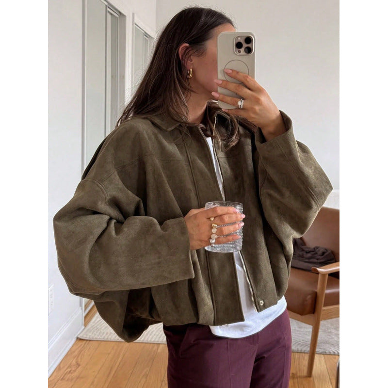 Women's Spring Suede Texture Lapel Bomber Jackets