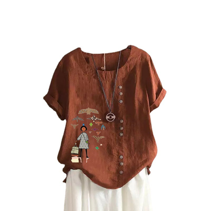 Women's Retro Cotton Linen Printed Casual Shirt Blouses