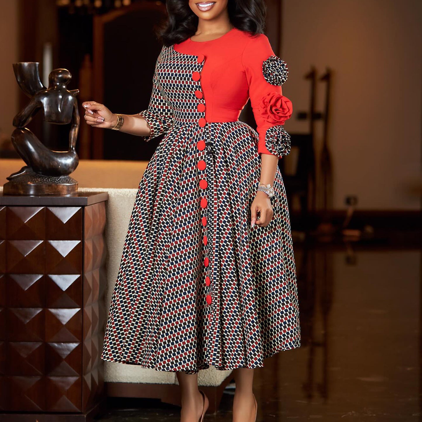 Women's Fashion Elegant Round Neck Sleeves Printed Dress