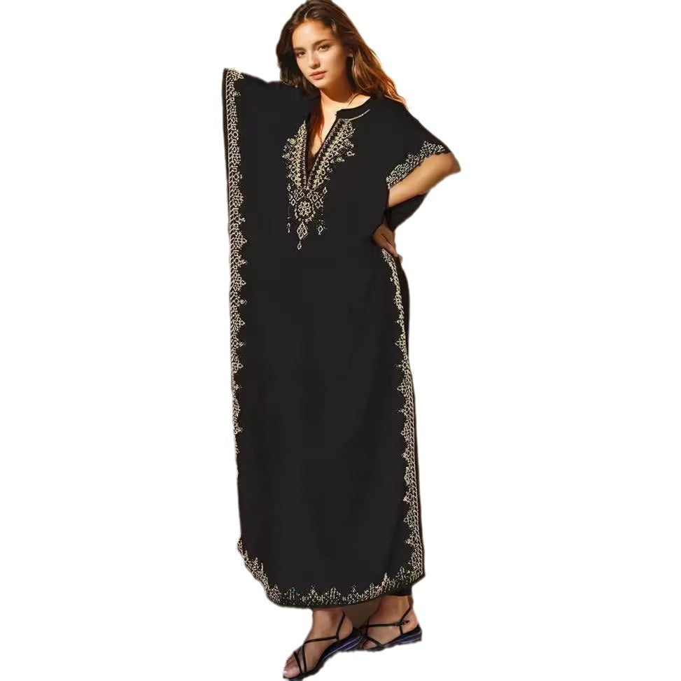 Women's Rayon Embroidered Slit Beach Vacation Robe Dresses