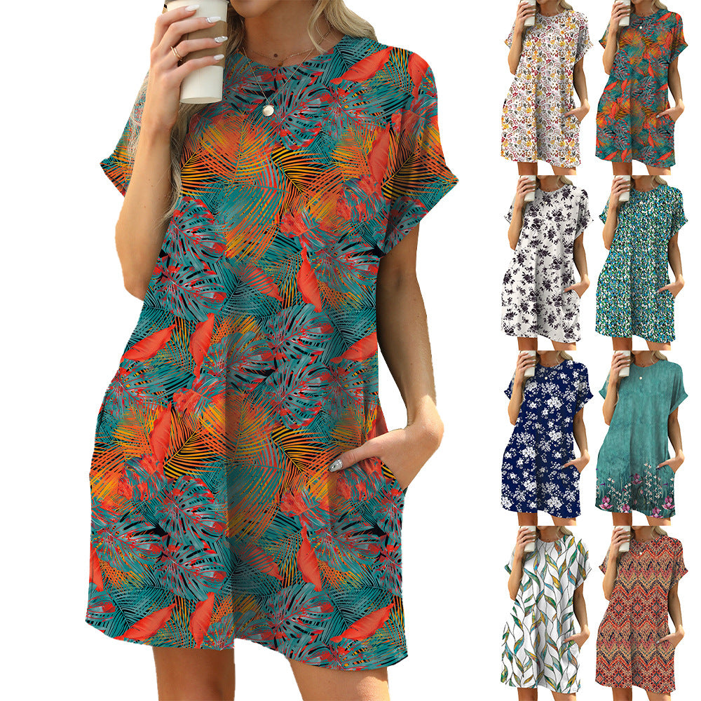 Loose Round Neck Sleeve Printed Pocket Dress