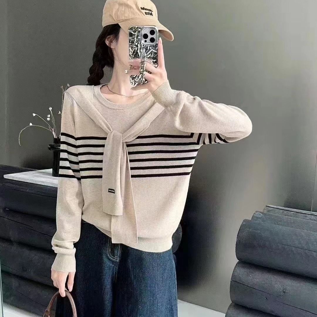 Niche Trendy Long Sleeve Striped Shawl Fake Two-piece Knitted Tops