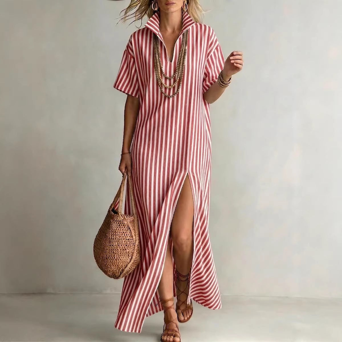 Women's Summer Sleeve Striped Slit For Dress